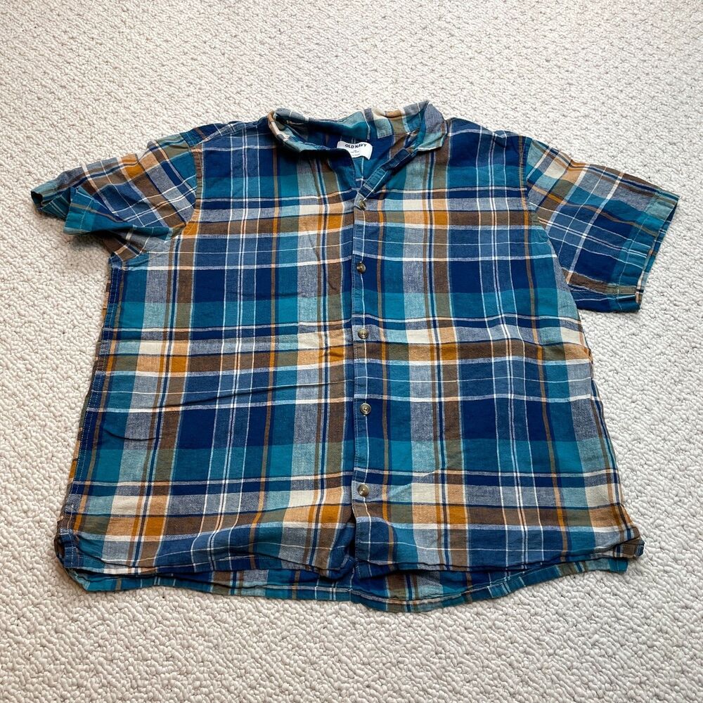 Old Navy Button Up Shirt Mens 2XL Blue Plaid Short Sleeve Linen Blend Camp Top